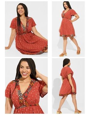 Torrid Mini Challis Boarder Skater Dress Geometric Keyhole Back Pockets Size 0X